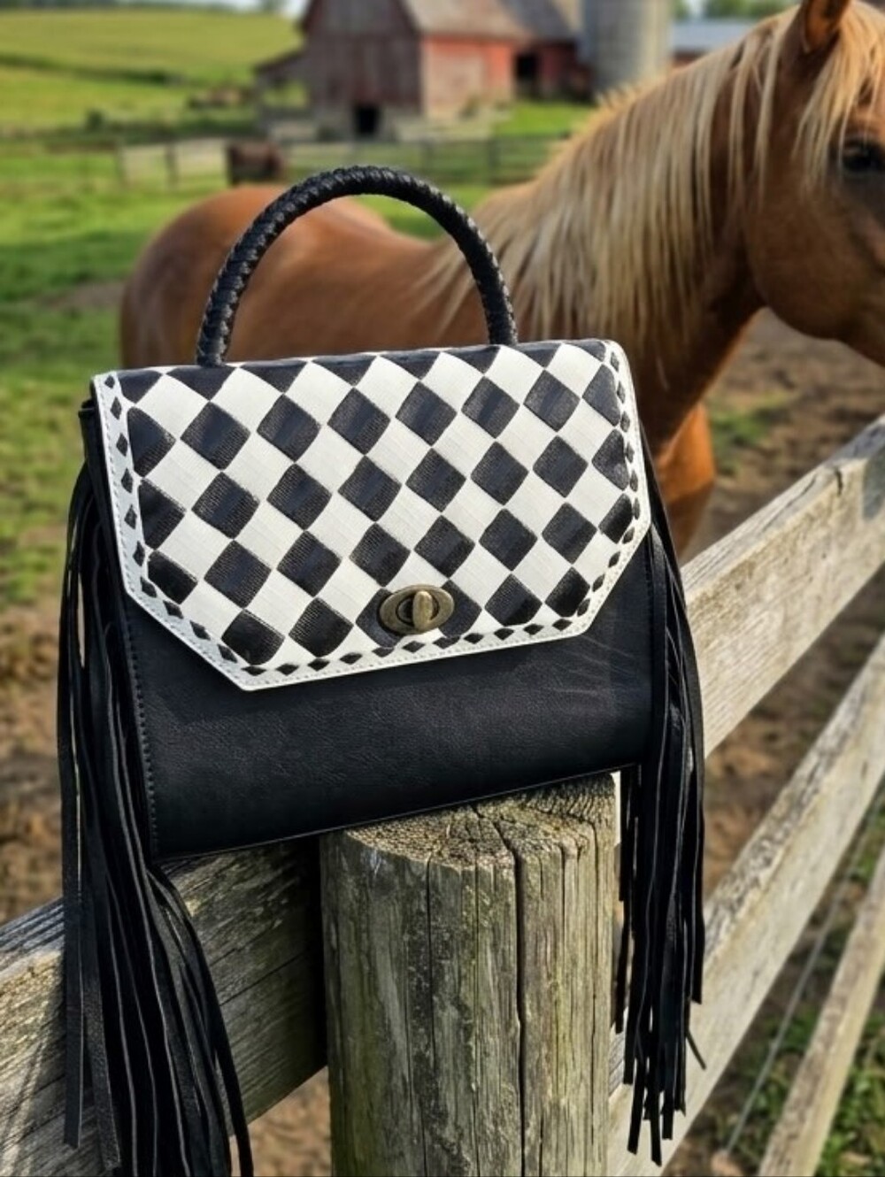 Genuine Leather Checkered Black & White Woven Flap Fringe Satchel NWOT
